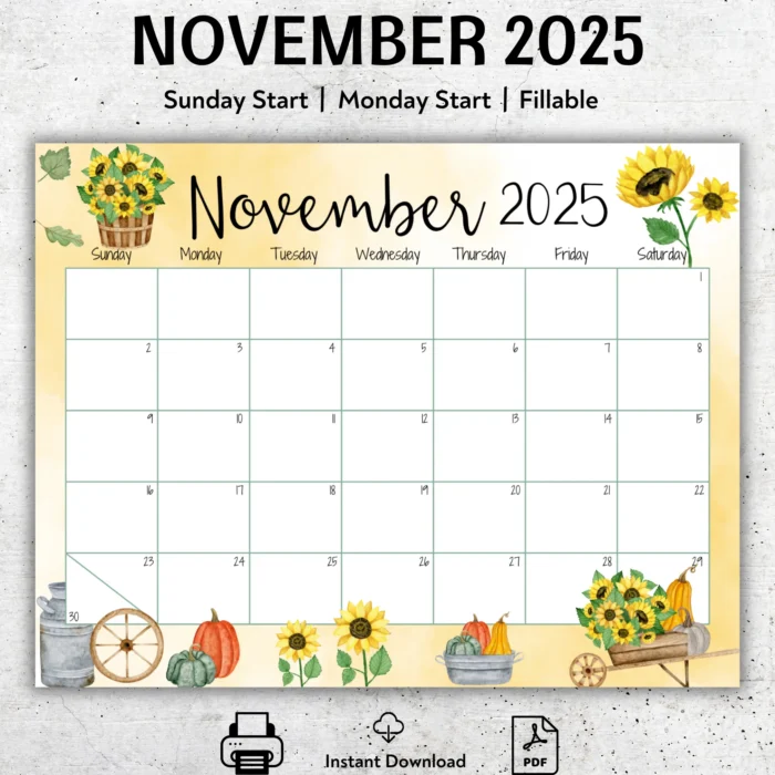 November 2025 Sunflower Calendar