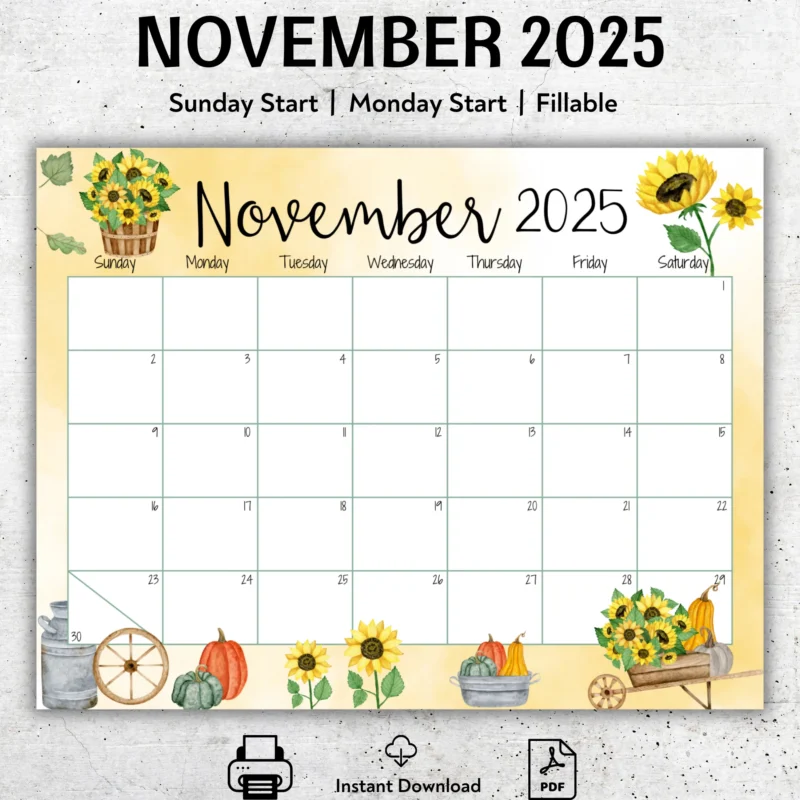 November 2025 Sunflower Calendar