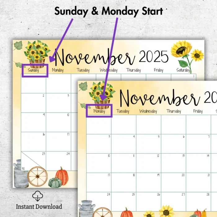 November 2025 Sunflower Calendar