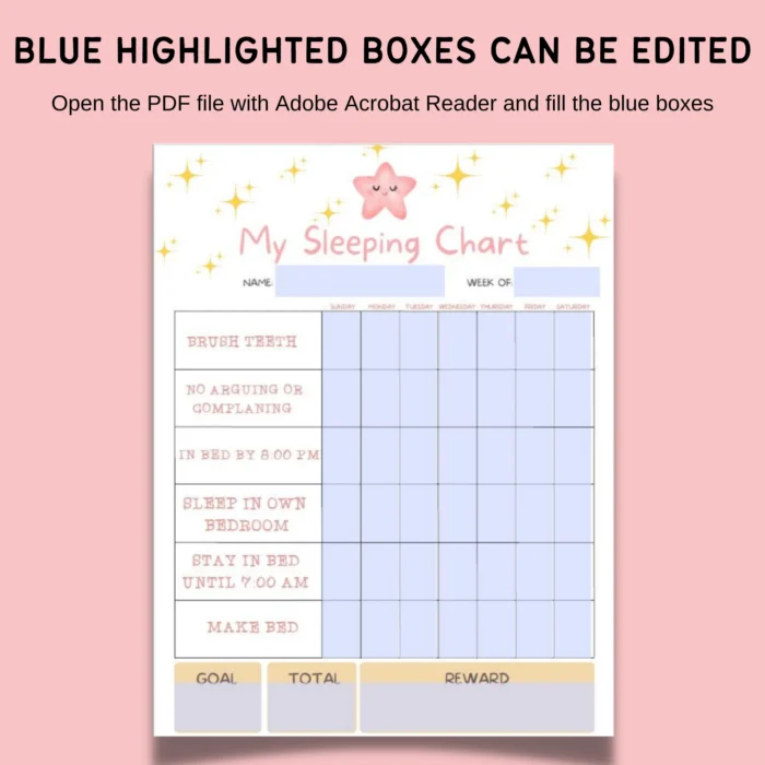 Fillable kids sleep routine chart in US Letter size