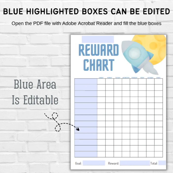 Fillable Weekly Reward Chart with Rocket and Moon Design
