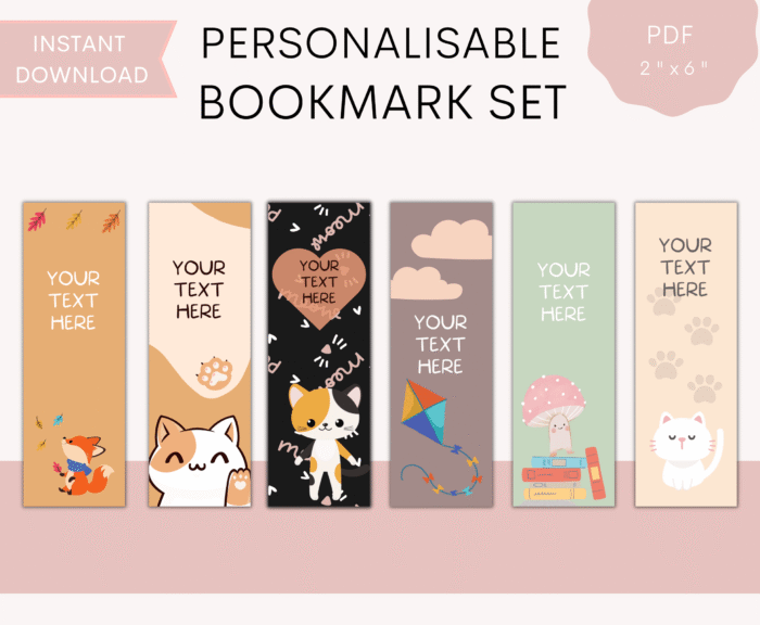 Printable Cute Animal Bookmark Set â€“ 6 designs with fox, cats, and nature themes