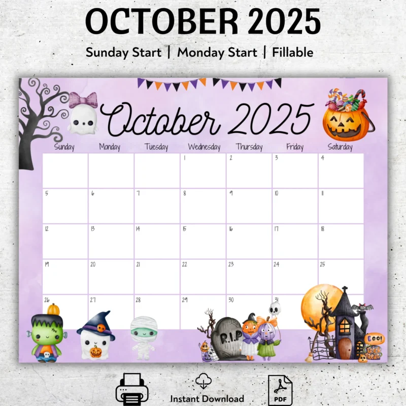 October 2025 Calendar Kawaii Halloween