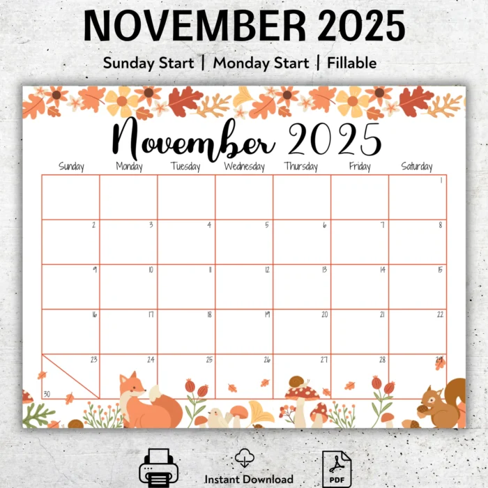 November 2025 Fox and Squirrel Calendar