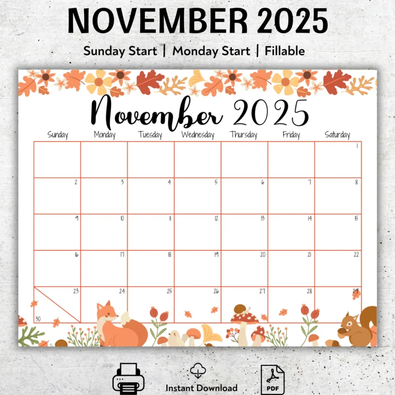 November 2025 Fox and Squirrel Calendar