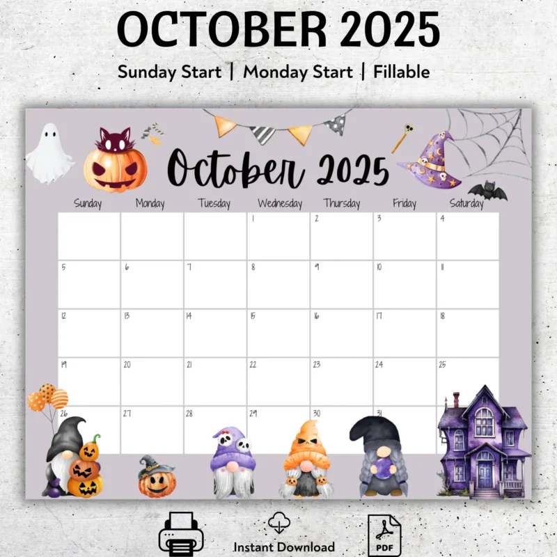 October 2025 Calendar Halloween Gnomes