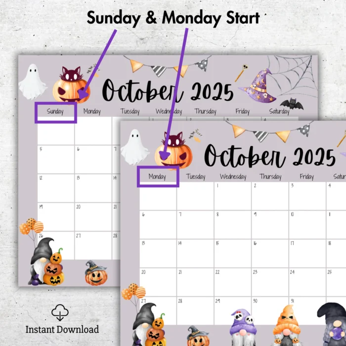 October 2025 Calendar Halloween Gnomes