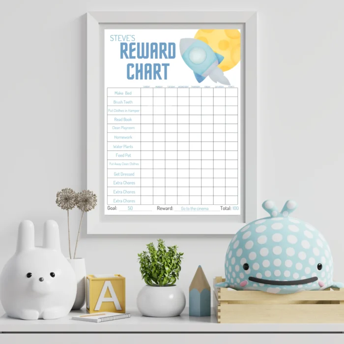 Rocket Reward Chart Displayed in Kids Room - Framed Version