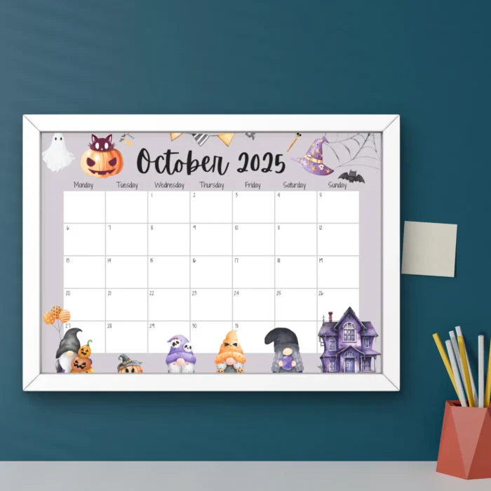 October 2025 Calendar Halloween Gnomes