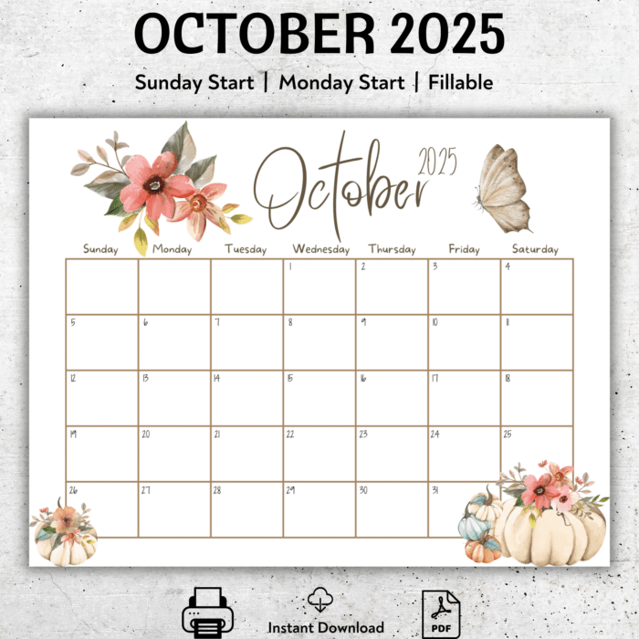 October 2025 Calendar Butterfly Theme
