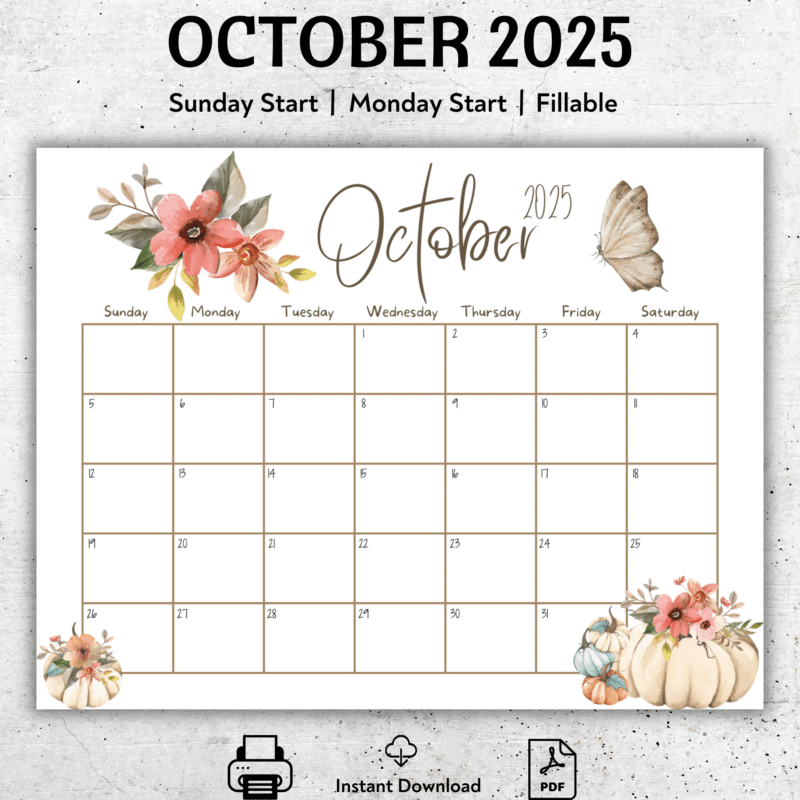 October 2025 Calendar Butterfly Theme
