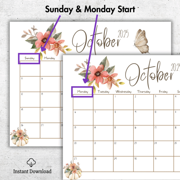 Editable October 2025 Calendar with Autumn Butterfly Theme â€“ Monday start version