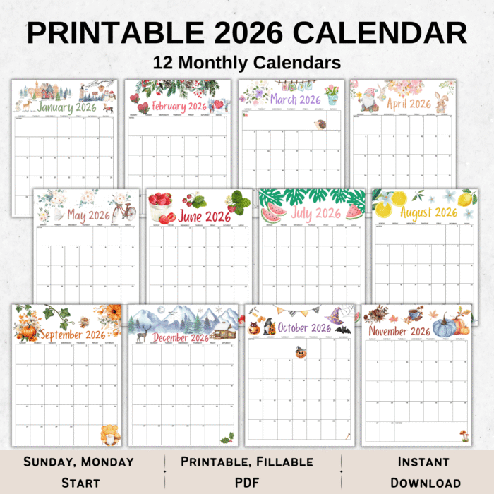 Grid collage of all twelve printable 2026 calendar pages (Janâ€“Dec) with watercolor seasonal borders; shows both Sunday-start and Monday-start layouts.