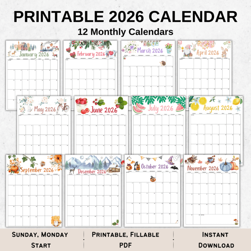 Grid collage of all twelve printable 2026 calendar pages (Janâ€“Dec) with watercolor seasonal borders; shows both Sunday-start and Monday-start layouts.