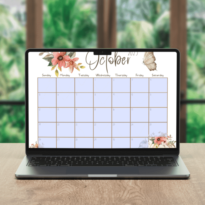 Fillable October 2025 butterfly-themed fall calendar in use on a desk