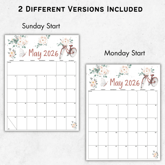 Sunday and Monday start versions of May 2026 page from 2026 printable calendar PDF