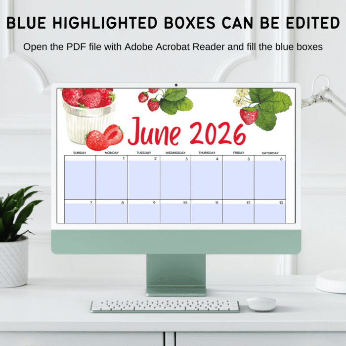 June 2026 page of 2026 printable calendar with editable blue boxes displayed on monitor