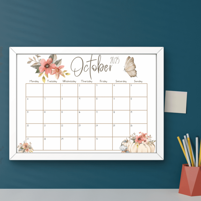 Autumn floral October 2025 calendar framed on wall