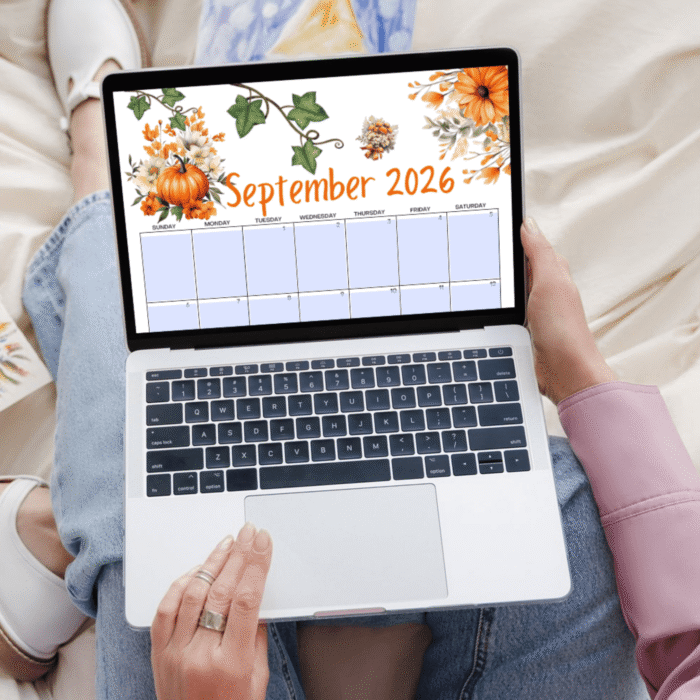 September 2026 page of watercolor 2026 printable calendar filled digitally on laptop