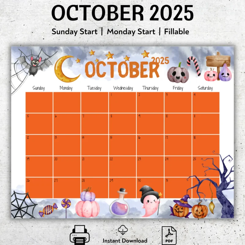 Editable Halloween October 2025 Calendar