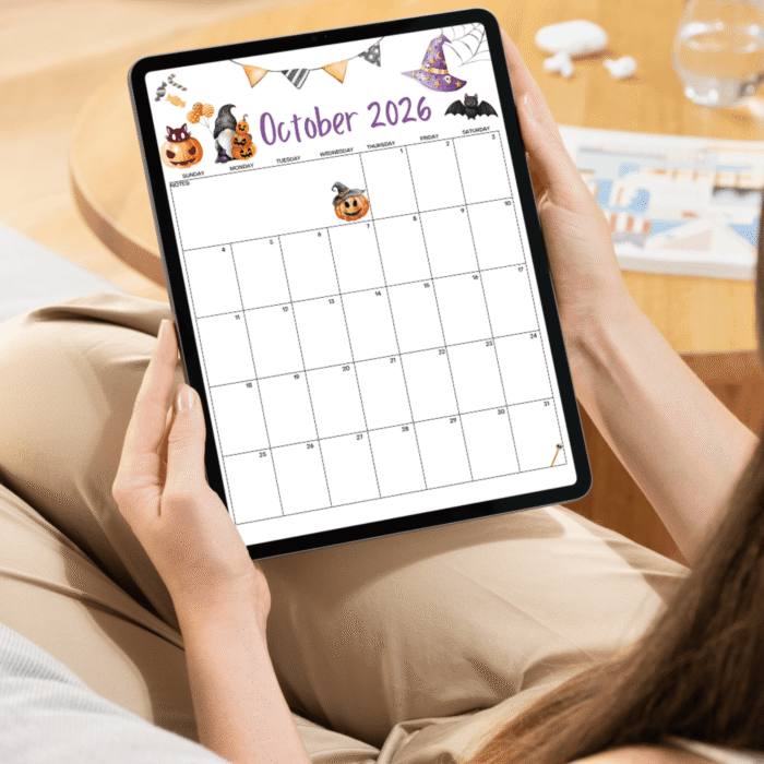 October 2026 Halloween watercolor monthly page from 2026 printable calendar on tablet