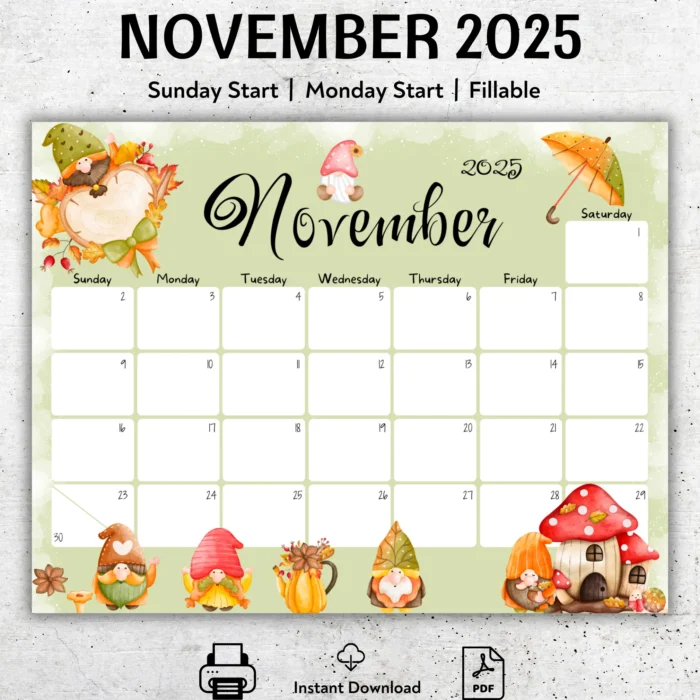 November 2025 Gnomes Calendar