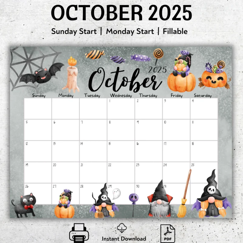 Editable October 2025 Halloween Calendar