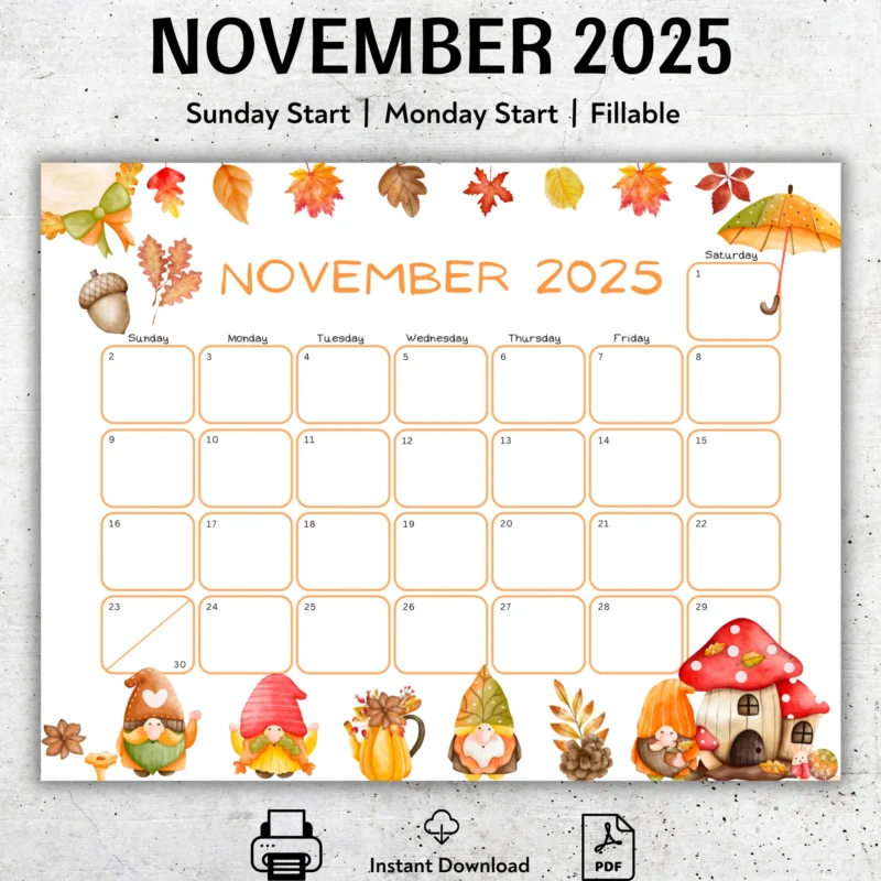 Editable November 2025 Gnome Calendar