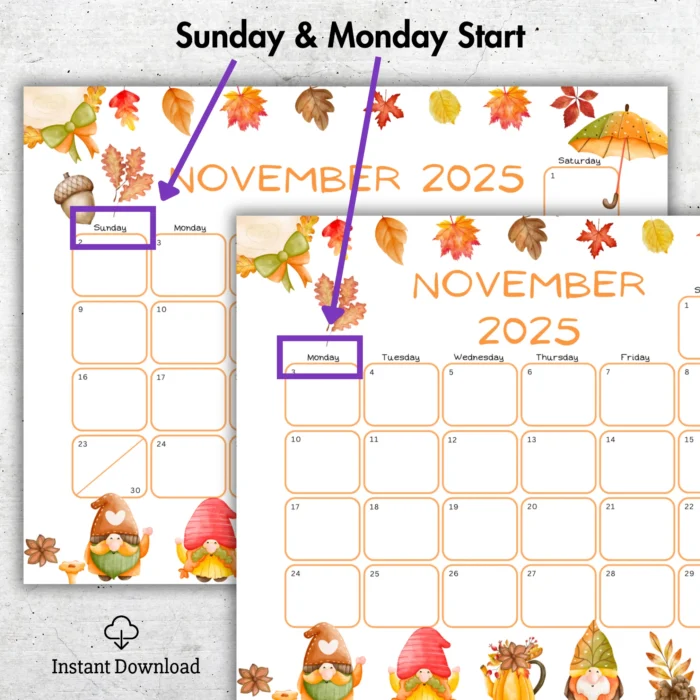 Editable November 2025 Gnome Calendar
