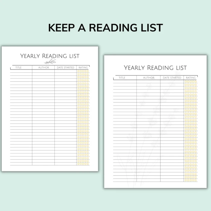 Yearly reading list template with star rating tracker