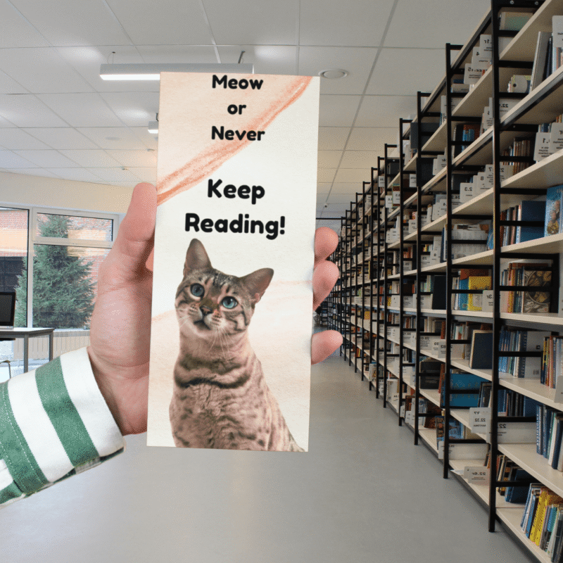 Printable Whiskered Cat Bookmark held in a hand in a library setting
