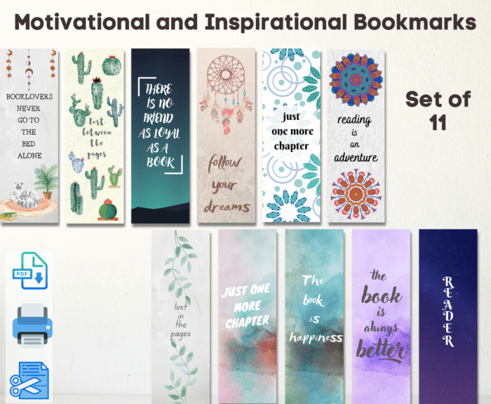 Inspiration Bookmark Set â€“ Eleven printable motivational quote bookmarks in various designs.
