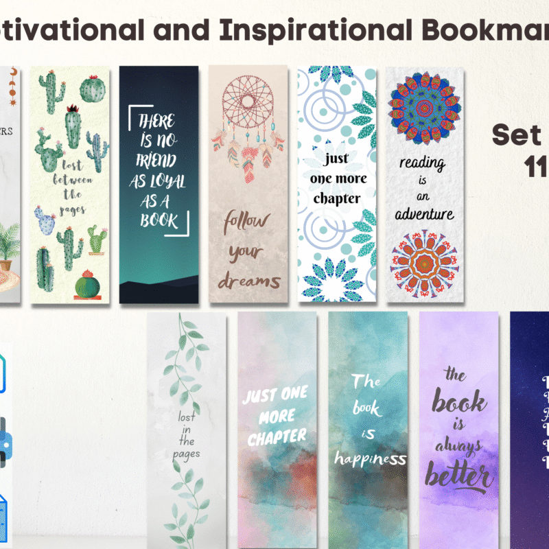 Inspiration Bookmark Set â€“ Eleven printable motivational quote bookmarks in various designs.