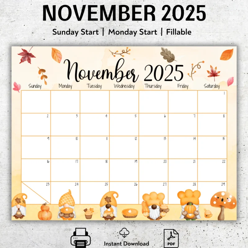 November 2025 Harvest Gnome Calendar
