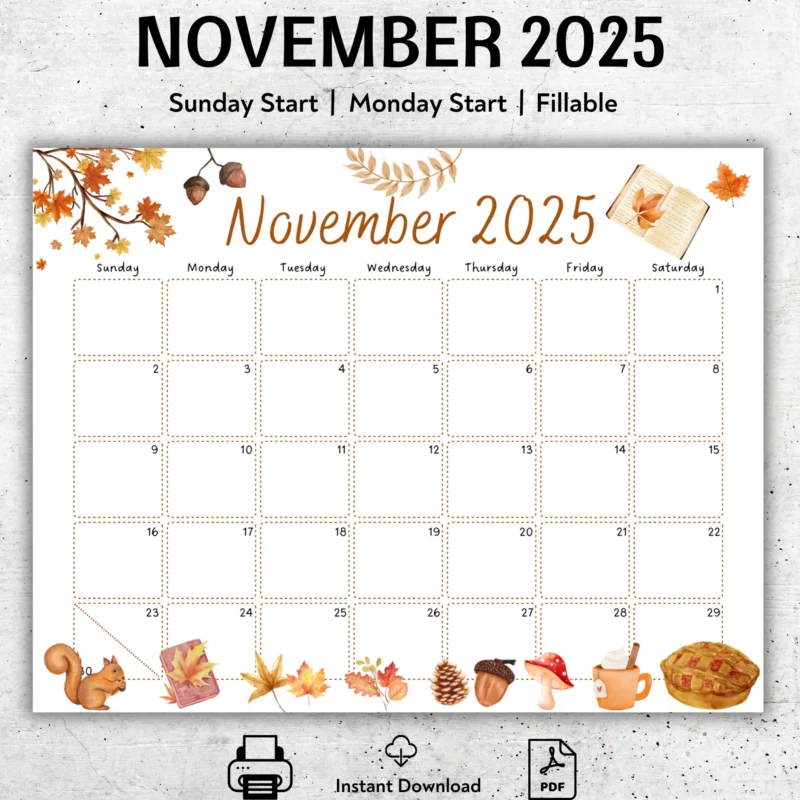 Editable November 2025 Squirrel Calendar
