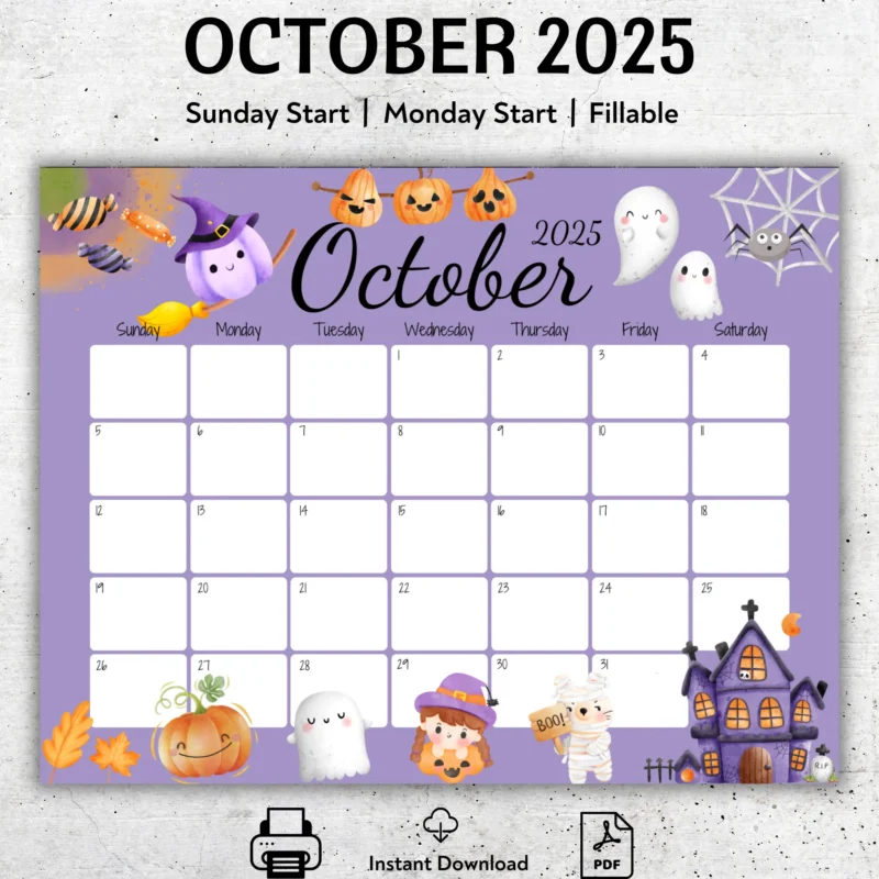 October 2025 Cute Halloween Calendar ? Sunday & Monday Start, Printable & Fillable PDF