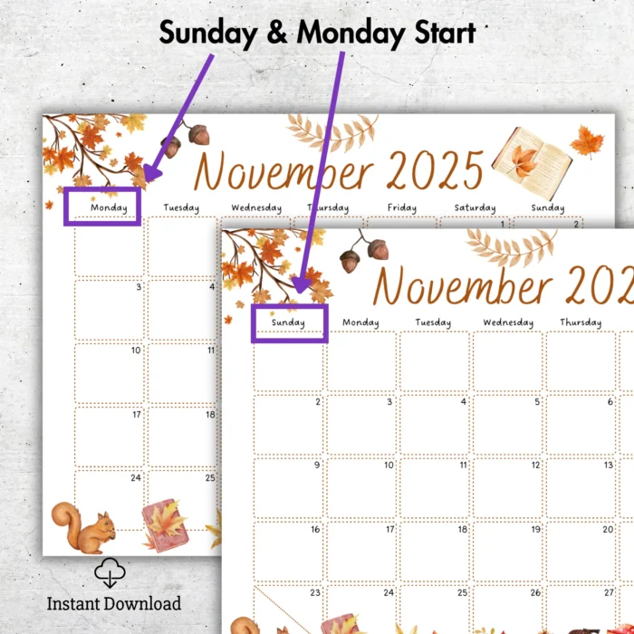 Editable November 2025 Squirrel Calendar