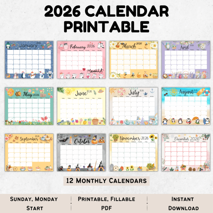 Full set of 12 monthly 2026 printable calendar pages in a collage, each with cute seasonal illustrations and Monday start on a tablet