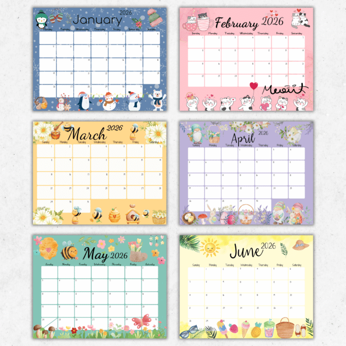 Six monthly calendar pages Januaryâ€“June 2026 in bright seasonal themes, fillable PDF with Sunday start and Monday start versions