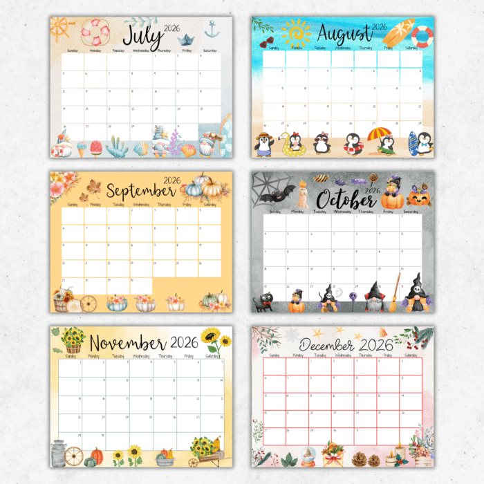 Six calendar pages Julyâ€“December 2026 in watercolor themesâ€”beach gnomes, penguins, Halloween pumpkins, sunflowers and Christmas greenery