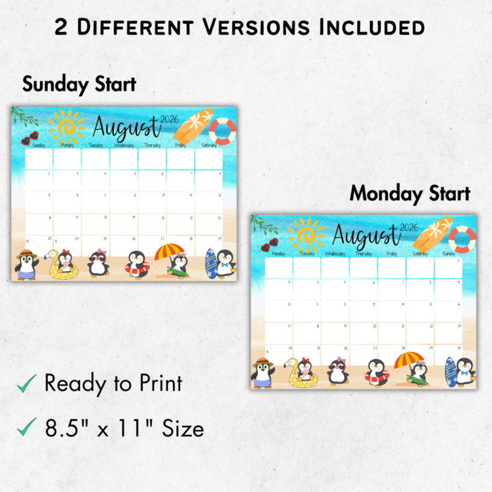 Sunday and Monday start versions of August 2026 beach-penguin calendar, ready to print 8.5Ã—11