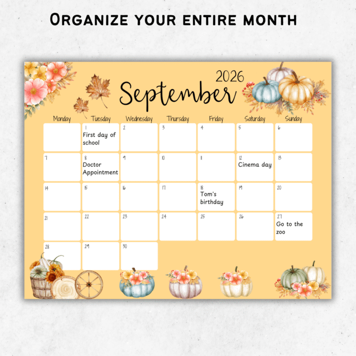 September 2026 fall watercolor calendar page with pumpkins, leaves, and botanical art showing sample entries like appointments