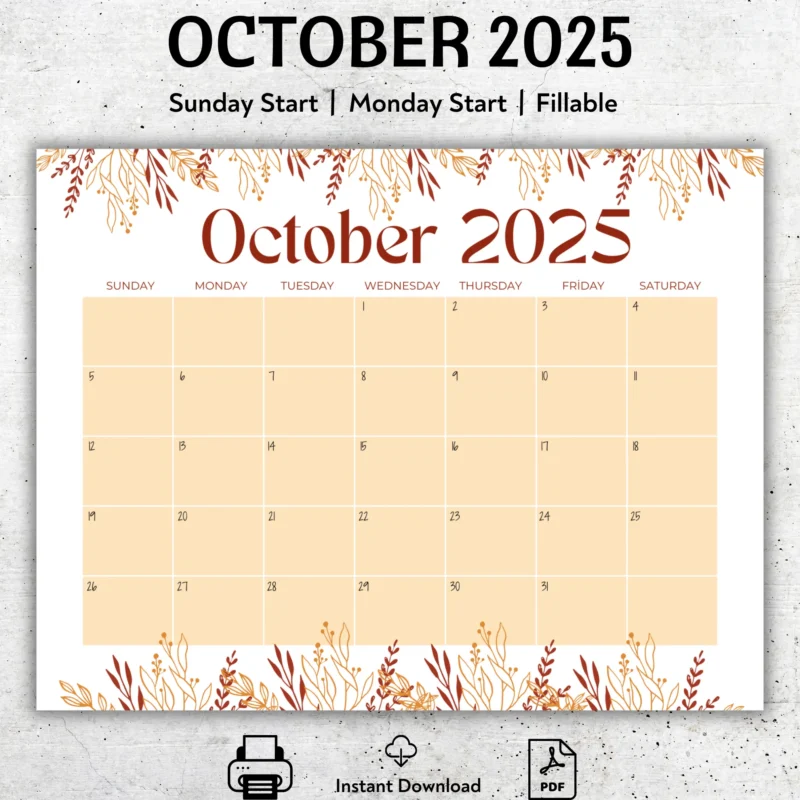 October 2025 Calendar with Autumn Leaves