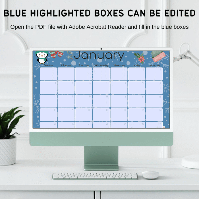 January 2026 winter penguin calendar page with blue-highlighted editable boxes shown on desktop monitor