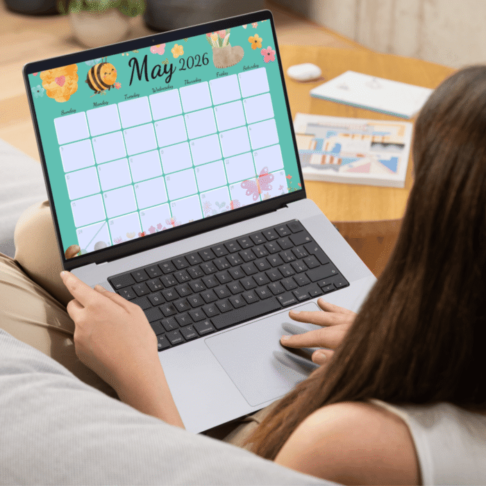 May 2026 garden bee calendar page with blue-highlighted editable boxes displayed on laptop