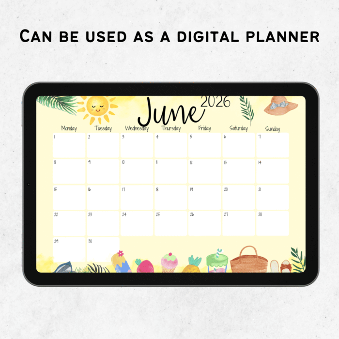 June 2026 summer watercolor calendar page with sun, fruit and basket illustrations on a tablet