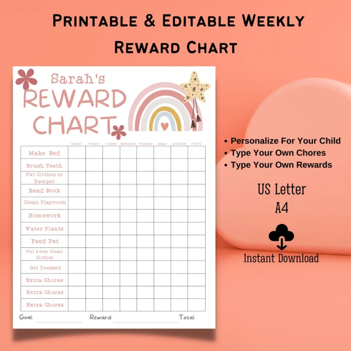 Printable Reward Chart for Kids with rainbow design and customizable chores â€“ preview in frame