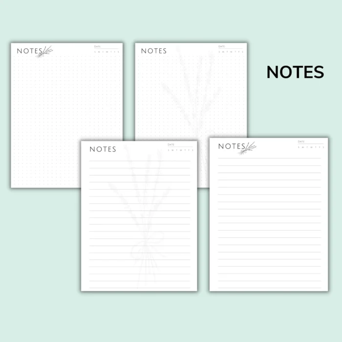 Printable lined and dotted notes pages for reading journal