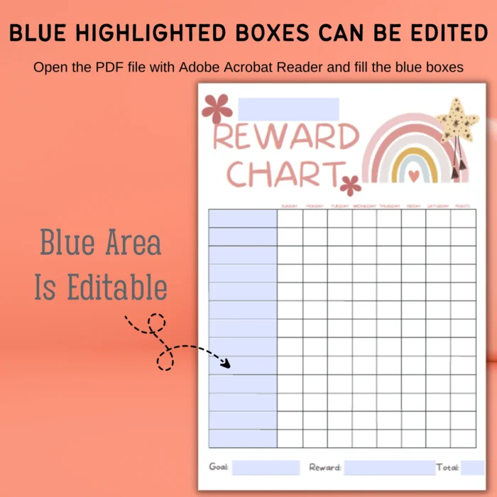 Editable PDF version showing blue fillable areas for personalized tasks and rewards