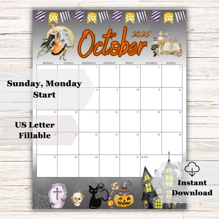Halloween October 2025 Calendar Editable